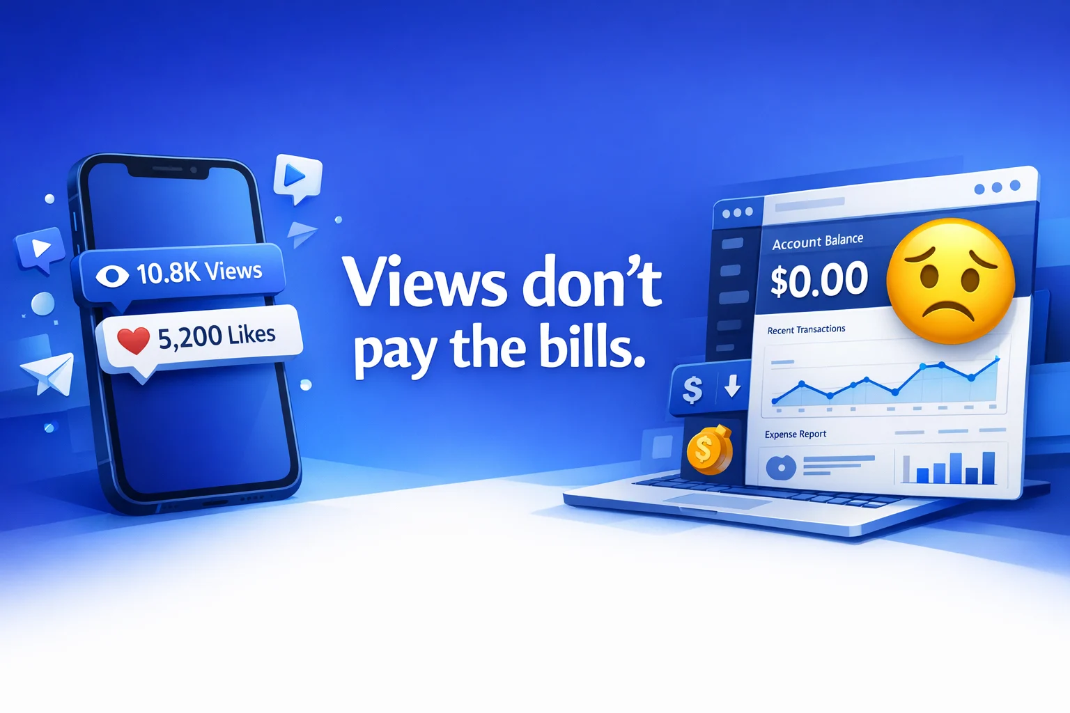 Views don't pay the bills — smartphone showing 10.8K views and 5,200 likes next to laptop with $0.00 account balance